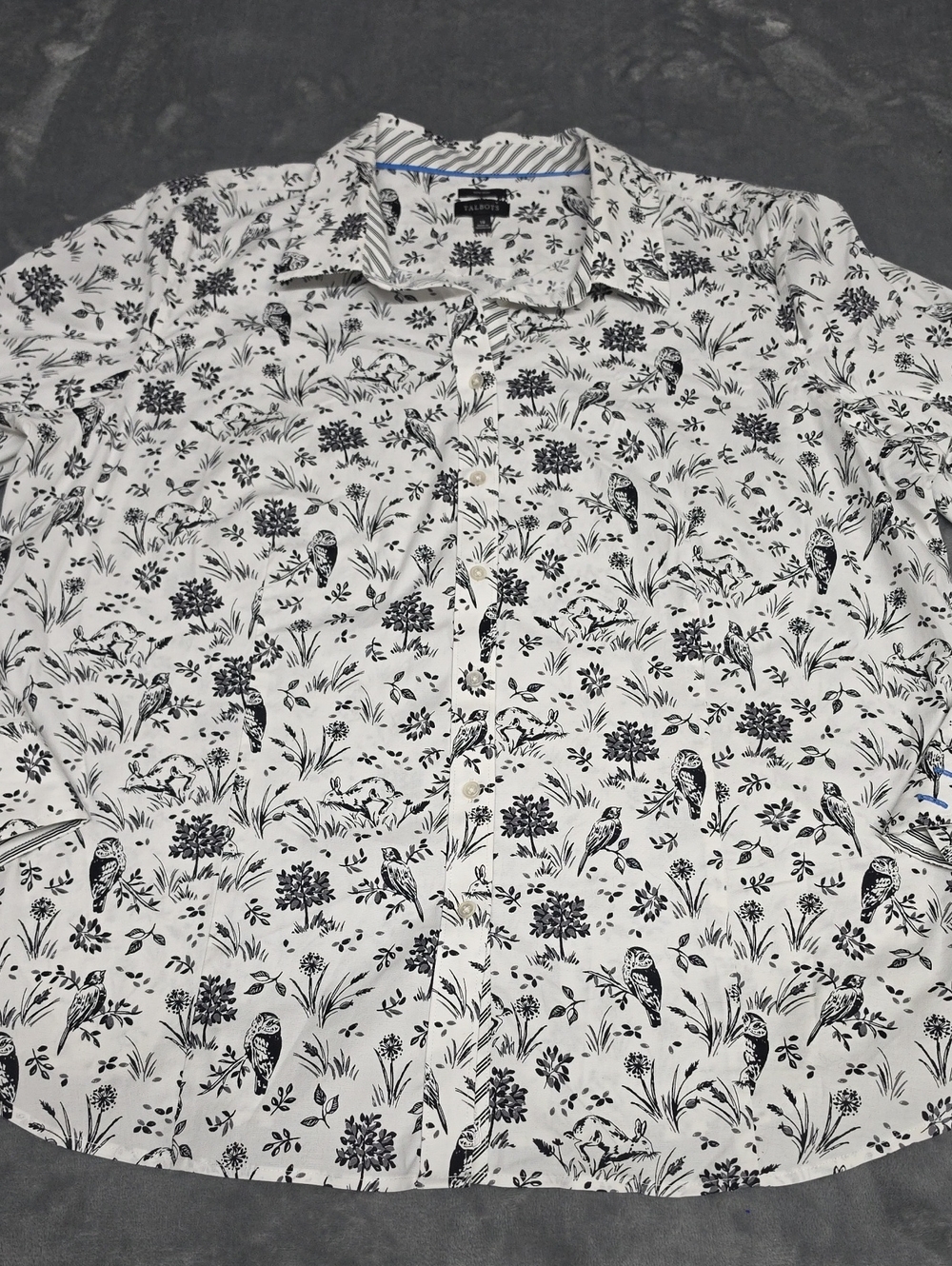 Talbots White Button-Down Shirt with Black Bird, Owl & Botanical Print 18 Whimsy